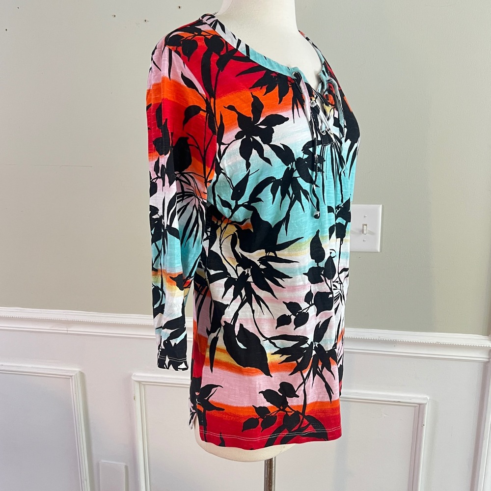 Chico's Lace Up Tunic Top Sz 2 L Tropical Floral 3/4 Sleeve Palm Coastal Summer - Picture 4 of 9